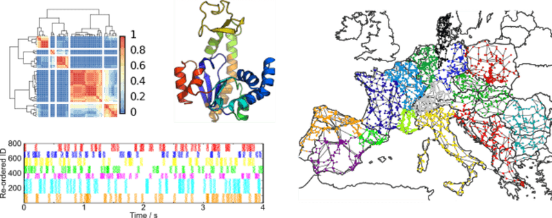 Illustrations of protein, neuron spike trains, EU road network